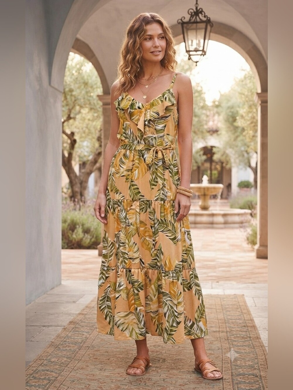 SOHO Apparel Tropical Yellow Maxi Dress Size Large